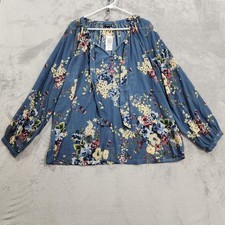NEW Torrid Top Womens 2/2X Blue Floral Chiffon Peasant Tie Neck Long Sleeve picture