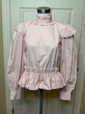 Ganni Lilac Pink Cotton Poplin Ruffled Cropped Blouse, Size 4 | 36 picture