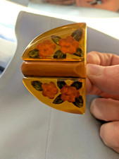 Vintage 1930s Apple Juice Bakelite Dress Clip Reverse Carved Floral Art Deco USA picture