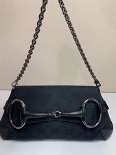 Gucci Horsebit Chain Shoulder Bag Clutch Black GG Canvas Silver 114923 Italy picture