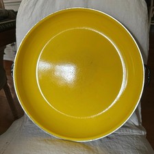 Vintage MCM Enamel Saute Pan w/Handles large yellow black server 14”  picture