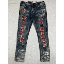FWRD Denim Distressed Jeans Mens 36x32 Blue Red Plaid Patch Acid Wash Slim picture