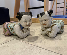 Ceramic Asian Baby Figurines Pair, Hand-Painted Floral, Glossy Multicolor, 2pc picture