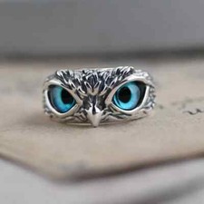 Cute Owl Blue Eye Silver Ring, Adjustable Size, Bird, Fun picture