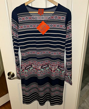 Tracy Negoshian Art Deco Geometric Shift Dress Long Sleeve Knee Round Neck L picture