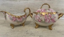 Antique T&V Limoges Porcelain Cream & Sugar w/Lid & Serving Tray Pink Floral picture