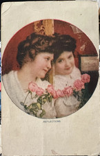 Pretty Woman With Pink Roses Flowers, Mirror Reflection, Vintage Postcard Posted picture