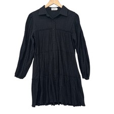 ASA Fashion Roiii Aofur Shirt Dress Black Long Sleeve Button Up Smocked Sz S picture
