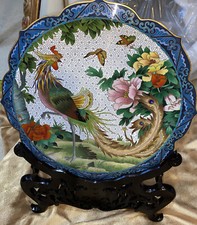RARE HUGE EXQUISITE VINTAGE ANTIQUE CHINESE CLOISONNE CHARGER On Teak Stand picture