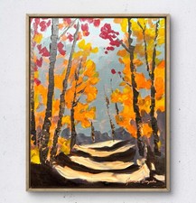 JANICEART Original 11x14 Expressionist Autumn Forest Path Painting Signed Canvas picture