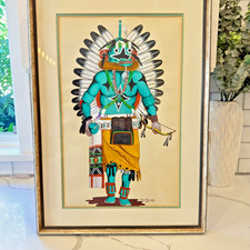 VTG Hopi Kachina Painting Blue A’hote Warrior Native American Art Framed 1970 picture