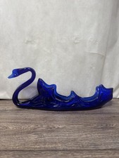 Vintage Cobalt Blue Hand Blown Art Glass Swan Bowl Centerpiece 17” picture