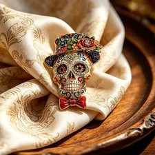Vintage Halloween Sugar Skull Brooch Day of the Dead Rhinestone Gothic Jewelry G picture