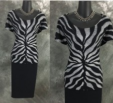BEAUTIFUL St John evening knit black white embellished top skirt suit size M 10 picture