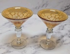 Pair Hand Blown Amber Art Glass Martini Cocktail Glasses Frosted Organic Pattern picture
