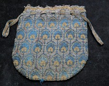 Early 20th-Century Direct-Woven Steel Bead Reticule Blue/Gold Peacock-Eye Design picture