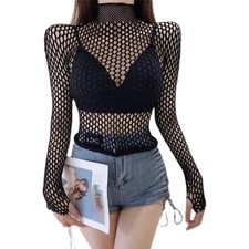 Sexy Womens Long Sleeve Mesh Fishnets Crop Top Hollow Out See Through Soft Slim picture