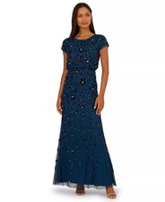 NWT Adrianna Papell Blue Beaded Floral Gown Bateau Long Maxi Dress Size 6 $299 picture