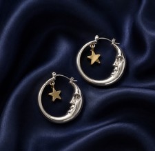 Anthropologie Hoop Crescent Moon Star Earrings Gold Silver Face Celestial Gold picture