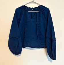 Old Navy Women's Blue Solid Woven Ruffle V-Neck Balloon Sleeve Blouse, S picture