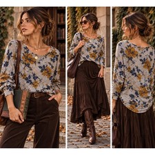 MIX 41Hawthorn Floral Top S Botanical Dark Academia Mustard Navy Bookish Soft picture
