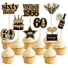 36PCS Happy 60Th Birthday Cupcake Toppers Double Sided Black Gold Sixty Hello 60 picture