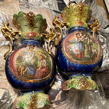 Antique Pair Ceramic Hand Painted Vases Pictorial Romantic Couple Blue Gold picture