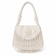 Curvique Women's White Pearl Beaded Shoulder Bag Bridal Wedding Evening Party picture