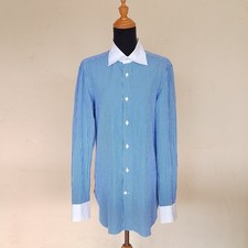 Finamore Napoli Striped Blue Cotton French Cuff Dress Banker Shirt Size 15.5 picture