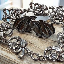  Vintage Danecraft Sterling Silver Bracelet & Earrings Set – Floral Art Deco  picture