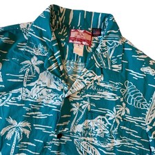Vintage RJC Hawaiian Shirt Mens Large Teal White Island Scenic Palm Tree USA picture
