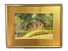 Antique Original Watercolor Painting of Brick House in the Woods picture
