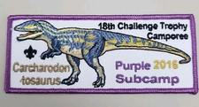 2016 BSA 18th Challenge Trophy Camporee Patch Purple Subcamp Carcharodontosaurus picture