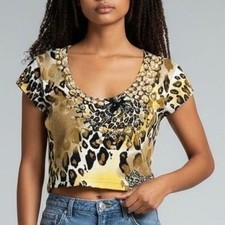 Vtg Cache Leopard Print Top Womens Small Yellow Pearl Graphic Bow Y2K Glam picture