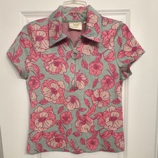 Anthropologie Maeve Floral Jacquard Zip Polo Top Short Sleeve Mint Pink Size M picture