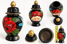 Vintage Hand Painted Black Ginger Jar Flowers Bird Gold Trim Lidded Urn 7” picture