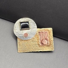 Vintage Kim Craftsmen Modernist Brooch Sterling Silver Copper Brass Onyx Pin picture