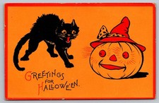Postcard Halloween Black Cat JOL Pumpkin Sam Gabriel 122 - Crease picture