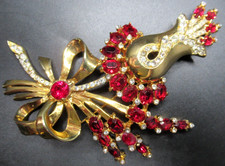 COROCRAFT Huge Red & Ice Rhinestone Flower Vintage Pin Brooch picture