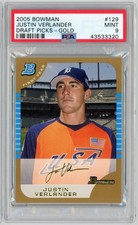 Graded 2005 Bowman Draft Picks Gold Justin Verlander #BDP129 RC Card PSA 9 picture