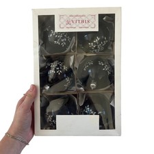 Vitbis Hand Blown Glass Christmas Ornaments Set of 6 Navy Blue White Vine Poland picture