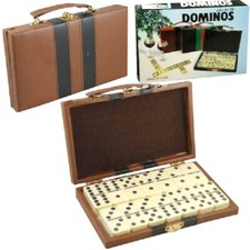 Double Six Dominoes Set 28pc Ivory Tiles Metal Spinners Leatherette Case Game picture