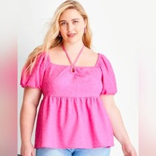 💜NWT Future Collective Pink Textured Puff Sleeve Peplum Tie-Neck Top 1X picture