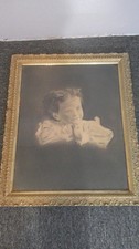 Antique Victorian Crayon Charcoal Child Portrait Canvas Gilt Frame 1880-1900 picture