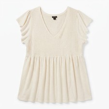 TORRID Plus Size 2X V-Neck Smocked Babydoll Top Cream Ivory Flutter Short Sleeve picture