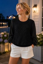 Vince Black Mixed Media Lace Silk Front Pullover Sweater Top M Classic picture