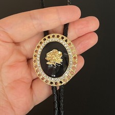 Vintage Rose & Enamel Black Bolo Tie Western Real Leather Rope Wedding Necklace picture
