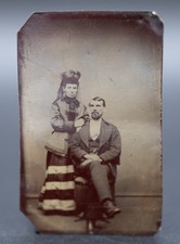 Antique Sixth Plate Tintype Photograph Married Couple Bustle Dress Fashion 1870s picture