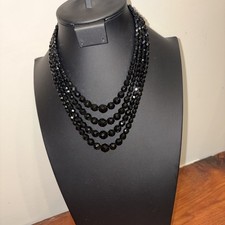 Vintage Laguna 4-Layer Czech Black Glass Faceted Beads Waterfall Necklace Choker picture