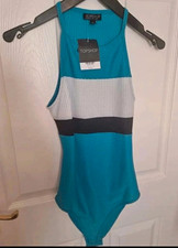 Topshop Women’s Colourblock Mesh Bodysuit Blue/White/Black Round Neck 8 BNWT picture